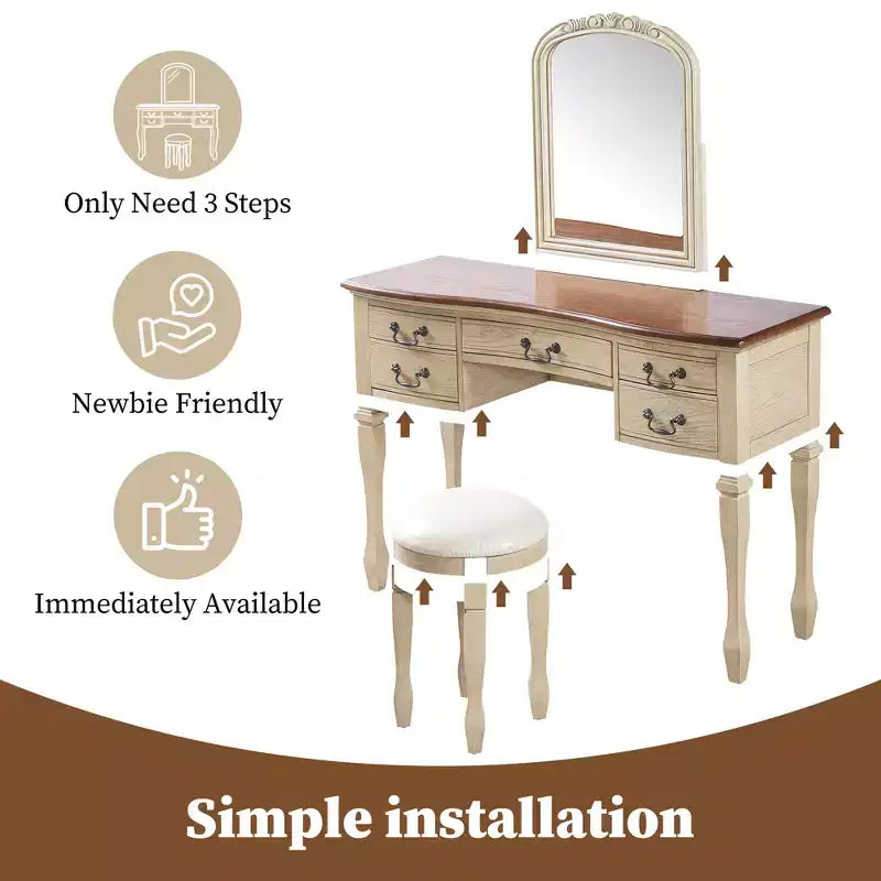 Vintage kaptafelset, vintage make-uptafel, kaptafel van 46 inch met gebogen spiegel met bloemen, 5 opbergladen
