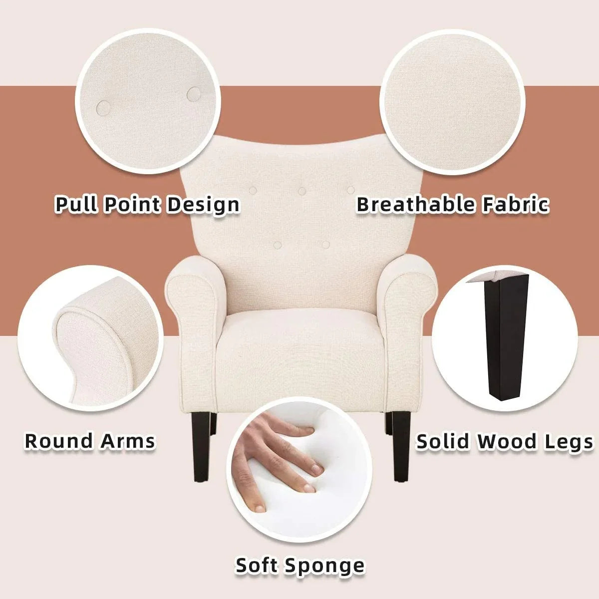 Fauteuil d’appoint moderne Erommy à dossier haut, fauteuil une place en tissu rembourré avec boutons et pieds en bois, pour salon