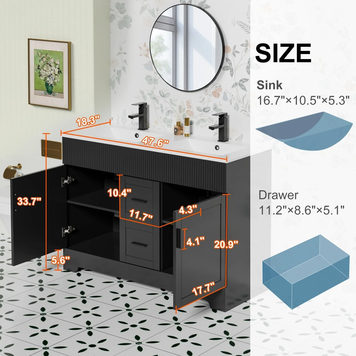Ensemble meuble-lavabo de salle de bain Wavy Line 30/36/48 avec lavabo et robinet