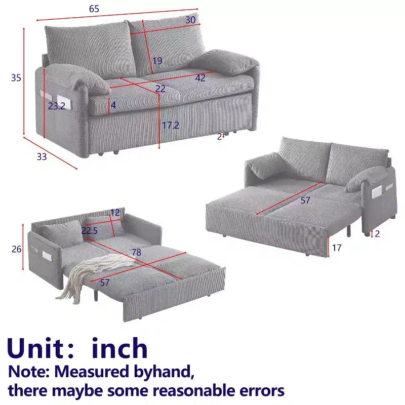 64.5 3-in-1-slaapbank van ribfluweel met uitschuifbaar bed