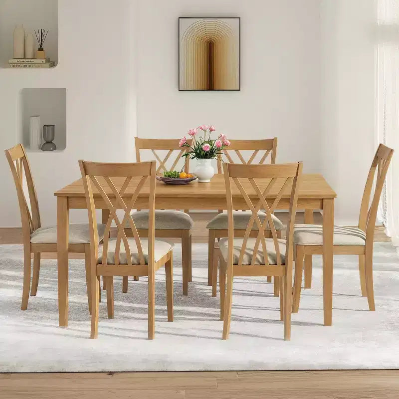 Zevemomo-7-teiliges Esstischset aus Massivholz mit 6 gepolsterten Stühlen, platzsparendes Esszimmermöbelset, für Esszimmer und Küche, Farbe: Naturholz