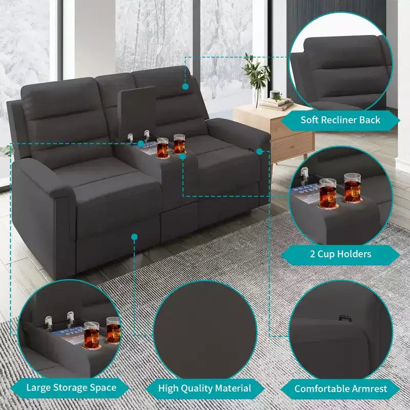 Beiges/graues Zweisitzer-Liegesofa aus Tech-Gewebe mit verstellbarer Rückenlehne und Fußstütze