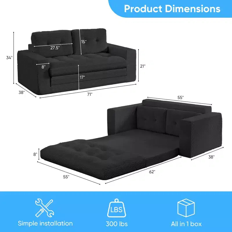 Canapé-lit futon convertible 2-en-1 Mjkone de 71', en tissu côtelé, pliable et capitonné avec boutons, canapé-lit deux places gain de place