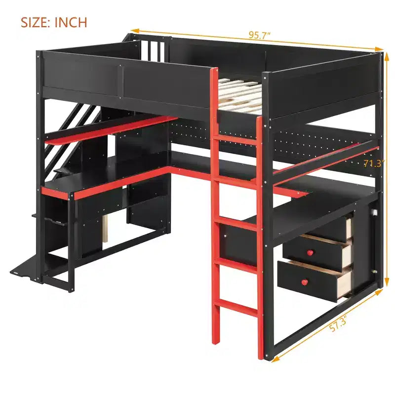 GDFStudio Scott Gaming-Hochbett aus Holz mit Aufbewahrungstreppen, Schreibtisch, Regalen und Lochwand