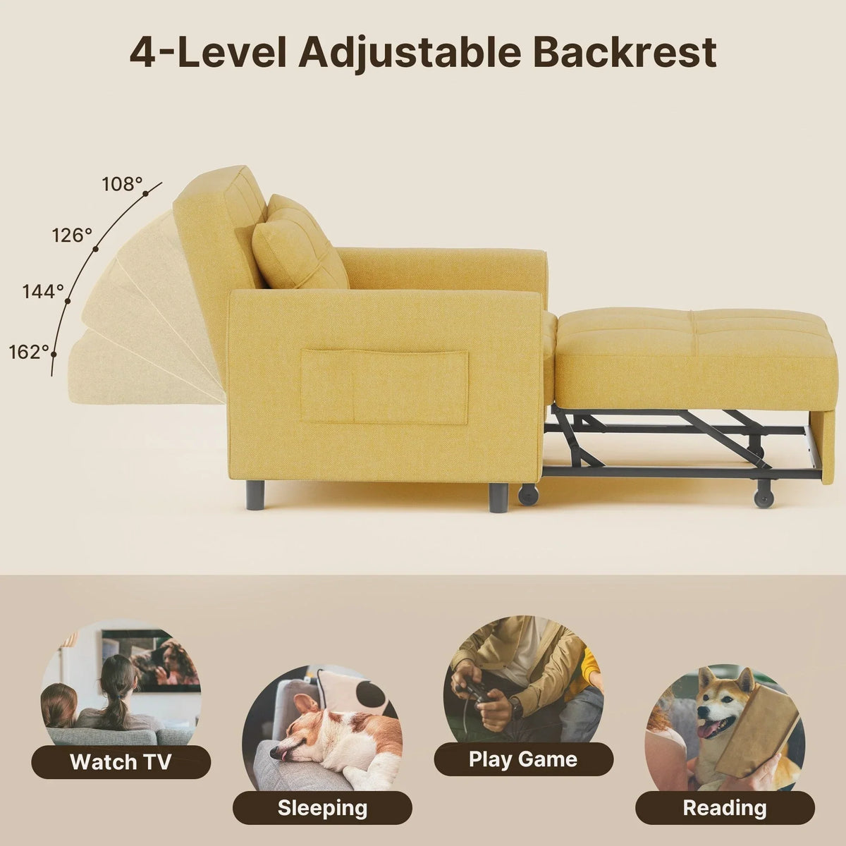 3-in-1-Schlafsofa mit verstellbarer Liegefläche, ausziehbares Sesselsofa, umwandelbares Klappbett fürs Wohnzimmer