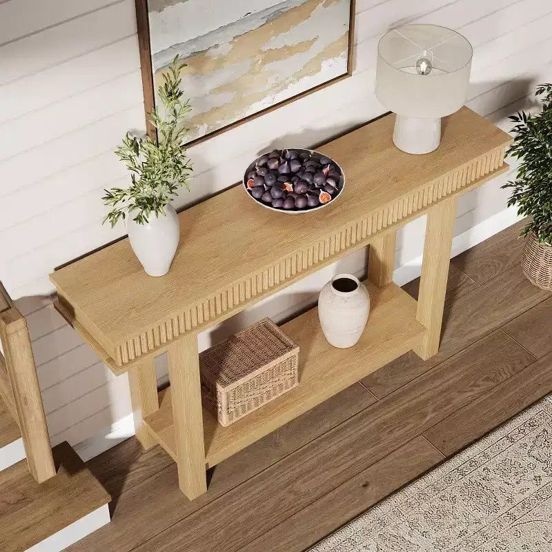 Landelijke consoletafel van gefreesd hout, 2 niveaus met opbergruimte op de plank, rechthoekige smalle haltafel voor achter de bank, voor de entree, gang of woonkamer