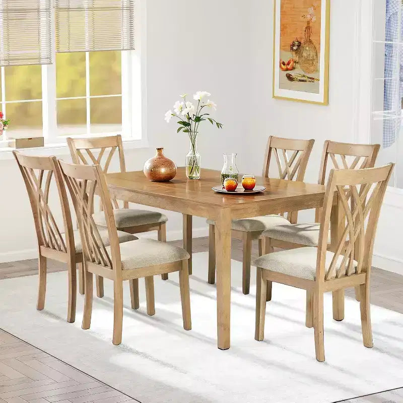 Zevemomo-7-teiliges Esstischset aus Massivholz mit 6 gepolsterten Stühlen, platzsparendes Esszimmermöbelset, für Esszimmer und Küche, Farbe: Naturholz