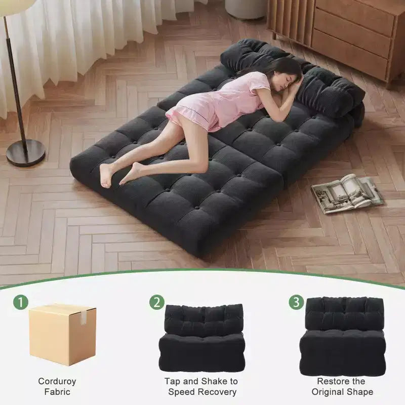 Klappbares Schlafsofa-Futon aus Cord in voller Größe, umwandelbarer Bodenschlafsessel mit Kissen und Rückenstütze