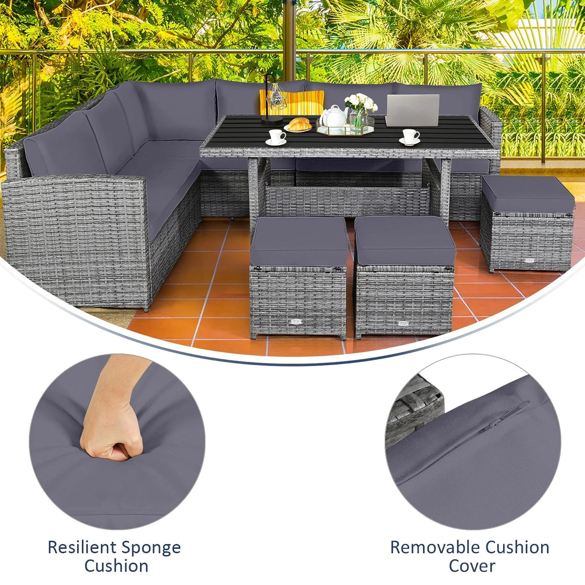 Costway, ensemble de salle à manger de jardin en rotin de 7 pièces avec canapé d’angle et repose-pieds - Voir les détails