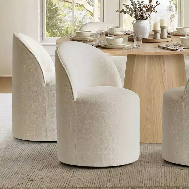 Ensemble de salle à manger moderne pour 6 personnes, table ronde à piètement central, fauteuils pivotants en forme de tonneau à roulettes, chenille texturée - Panipeachy