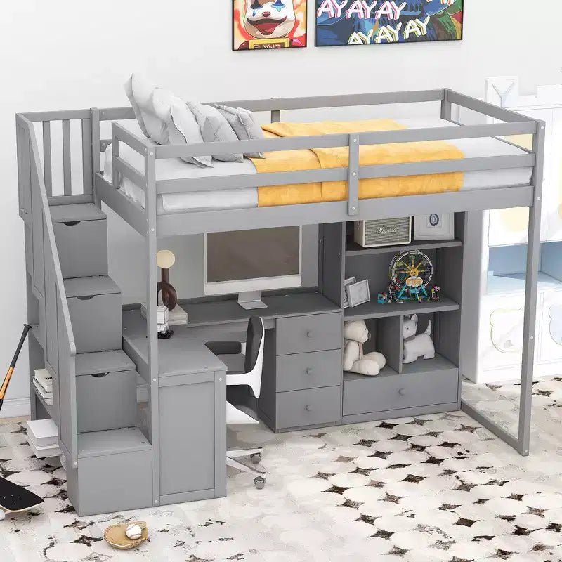 Hochbett in Einzelbettgröße mit L-förmigem Schreibtisch, 3 Schubladen, Schrank und Stauraum in der Treppe, Konstruktion aus massivem Kiefernholz/MDF