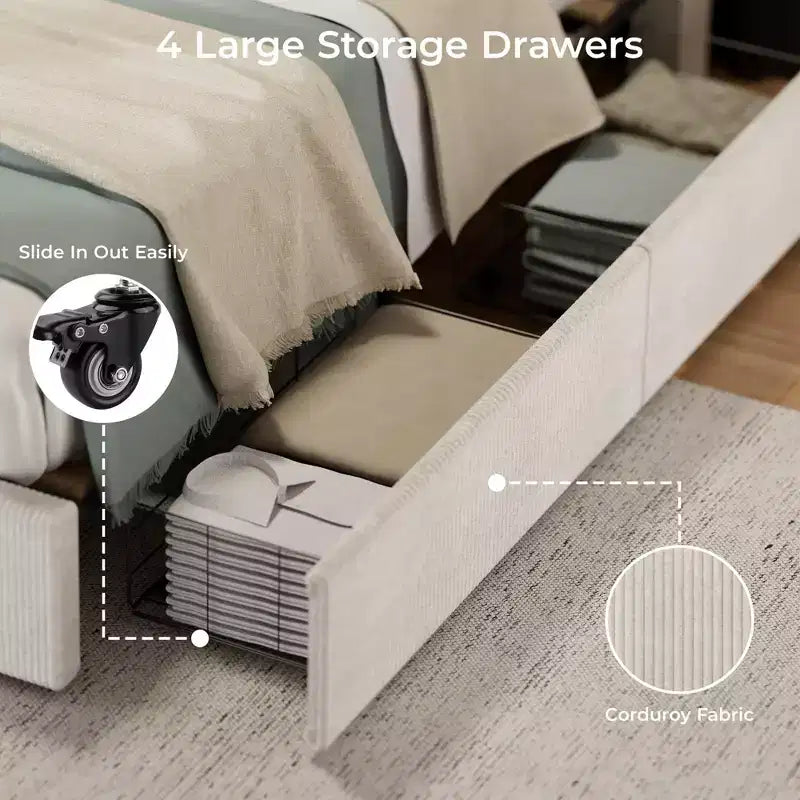 CuisinSmart-Bettrahmen aus Cord mit Kopfteil, gepolsterter Plattformbett-Rahmen mit 4 Schubladen und Lattenrost aus Holz