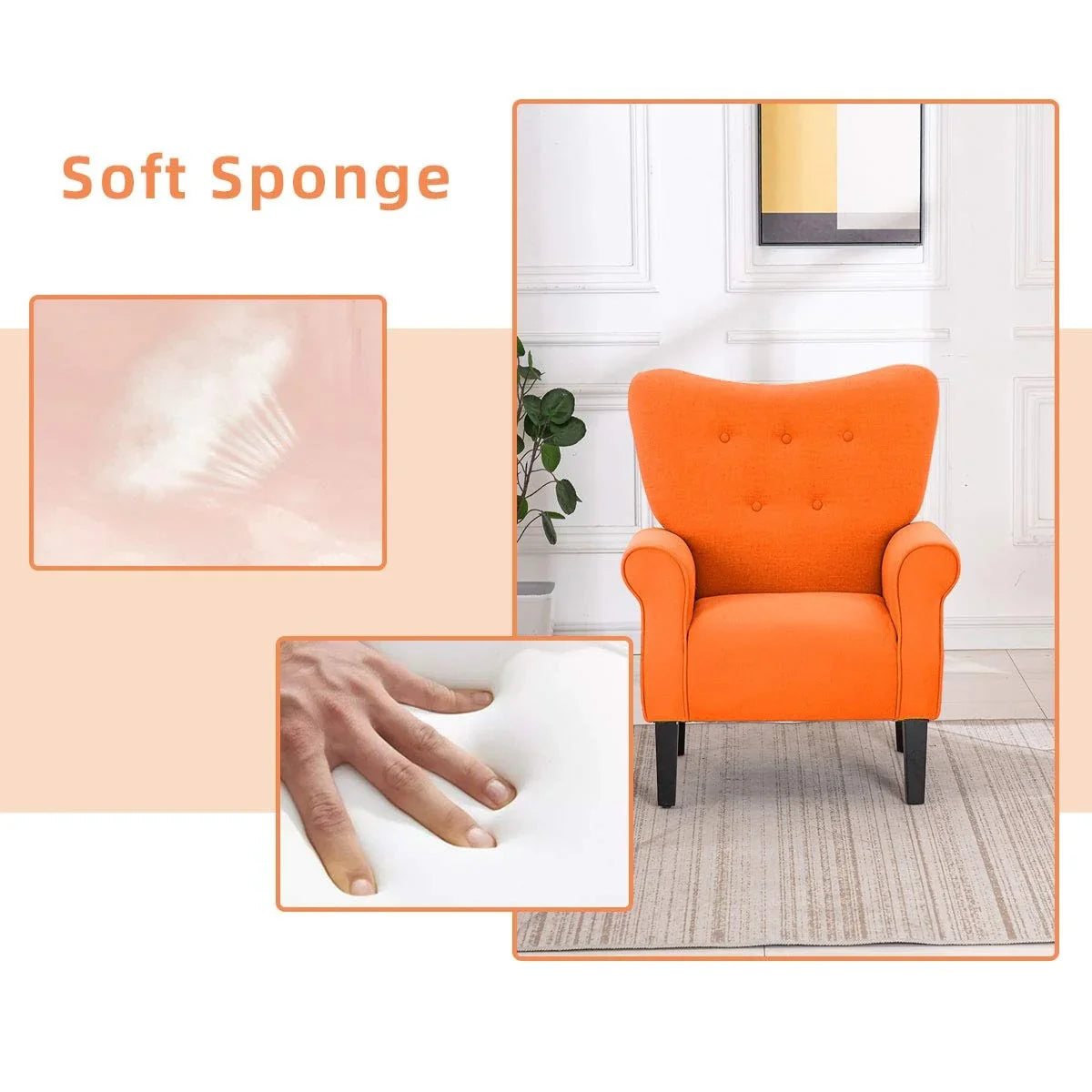 Fauteuil d’appoint moderne Erommy à dossier haut, fauteuil une place en tissu rembourré avec boutons et pieds en bois, pour salon
