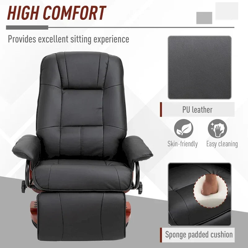 HomCom verstelbare handmatige relaxfauteuil van imitatieleer met draaivoet en comfortabele, ontspannende voetensteun