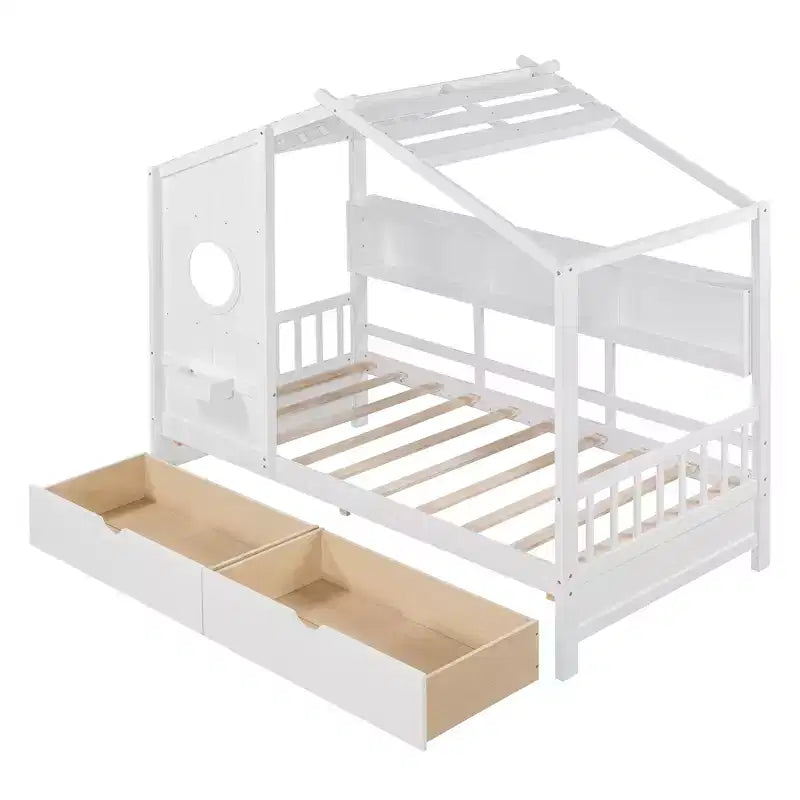 Lit cabane en bois format simple/double avec 2 tiroirs, lit pour enfant avec étagère de rangement - ModernLuxe