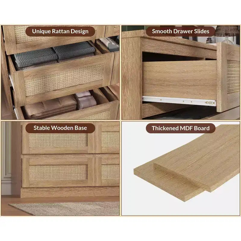 Rotan ladekast voor de slaapkamer met 6 laden, brede moderne ladekast van 47 inch in landelijke stijl, houten opbergkast en organizer voor kledingkast, woonkamer en hal