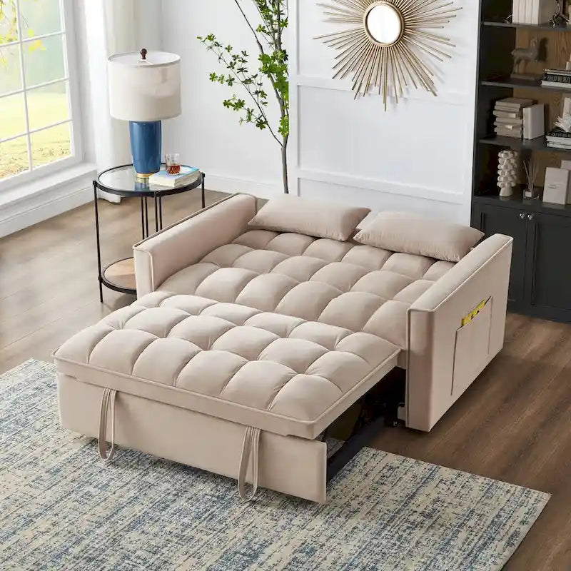 4-in-1-Zweisitzer-Schlafsofa mit Armlehnen und Aufbewahrungstaschen, multifunktionales, getuftetes Ausziehsofa mit verstellbarer Rückenlehne