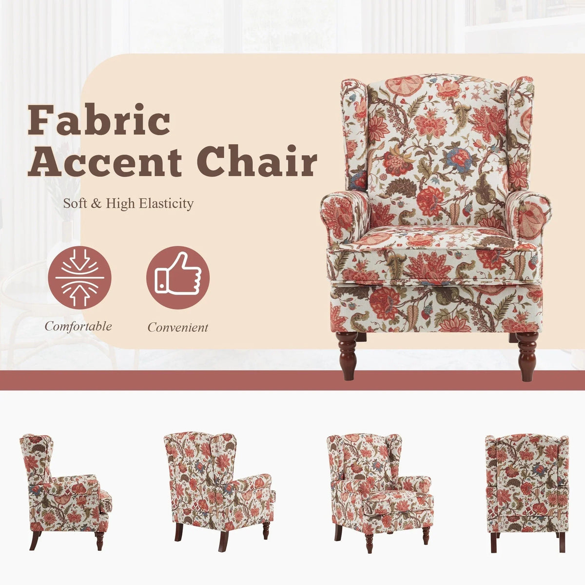 Fauteuil d’appoint moderne Erommy à dossier haut, fauteuil une place en tissu rembourré avec boutons et pieds en bois, pour salon