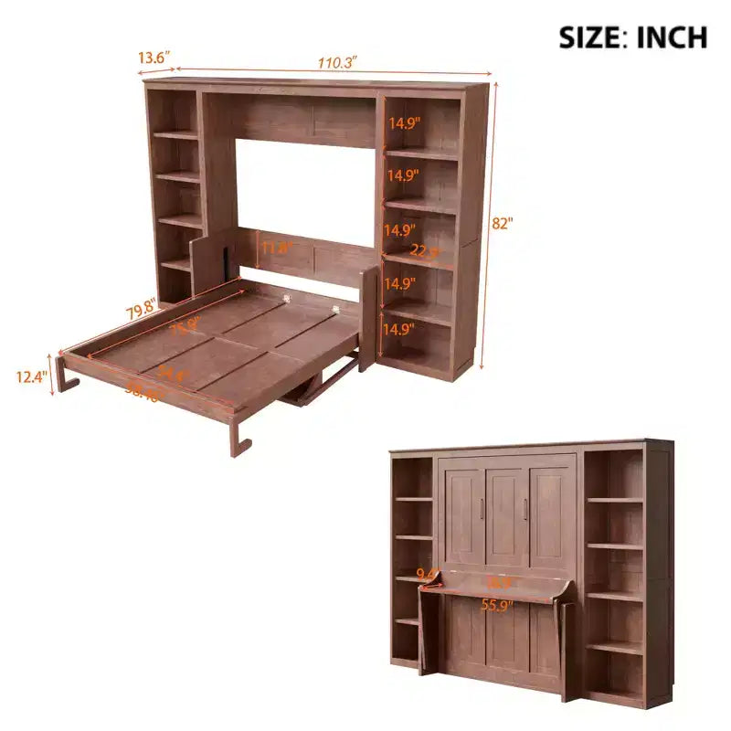 Murphy-Bett in Full-/Queen-Size, platzsparendes Wandbett mit Schreibtisch und Bücherregal, Dunkelbraun - ModernLuxe