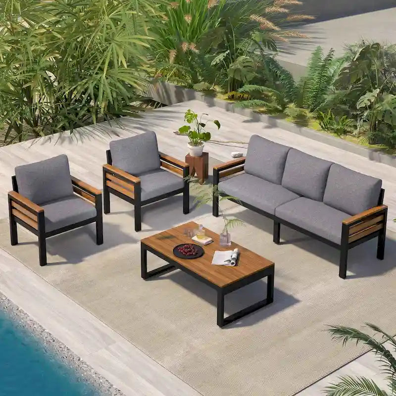 4-teiliges Outdoor-Sofaset für 5 Personen mit Couchtisch aus Massivholz und abnehmbaren Kissen