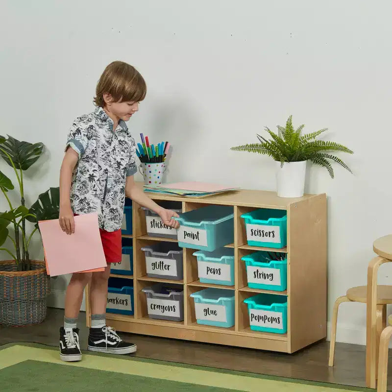 Meuble mobile à casiers avec plateau et 15 bacs à façade incurvée, 3x4, mobilier pour enfants