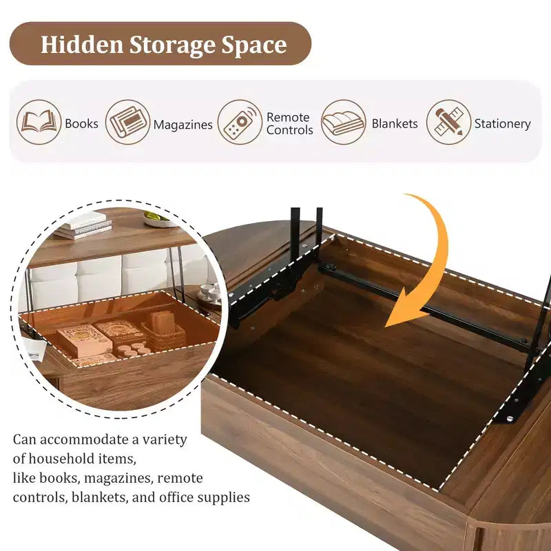 47.2 Couchtisch mit hochklappbarer Tischplatte und verstecktem Fach, oval, braun