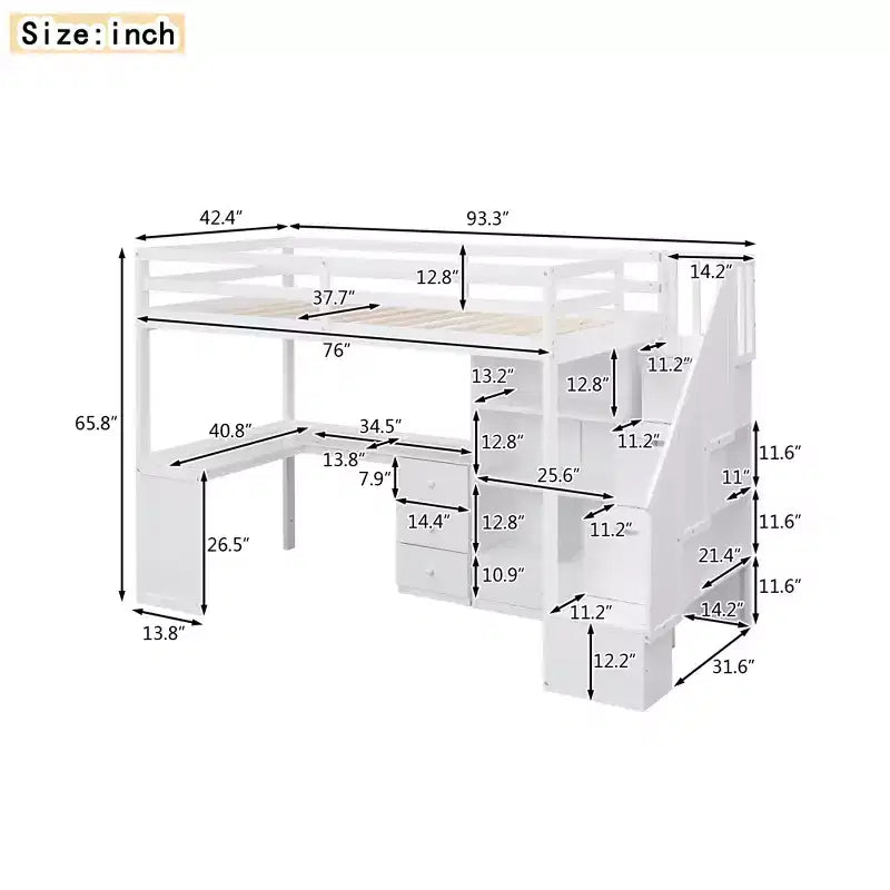 Hochbett in Einzelbettgröße mit L-förmigem Schreibtisch, 3 Schubladen, Schrank und Stauraum in der Treppe, Konstruktion aus massivem Kiefernholz/MDF