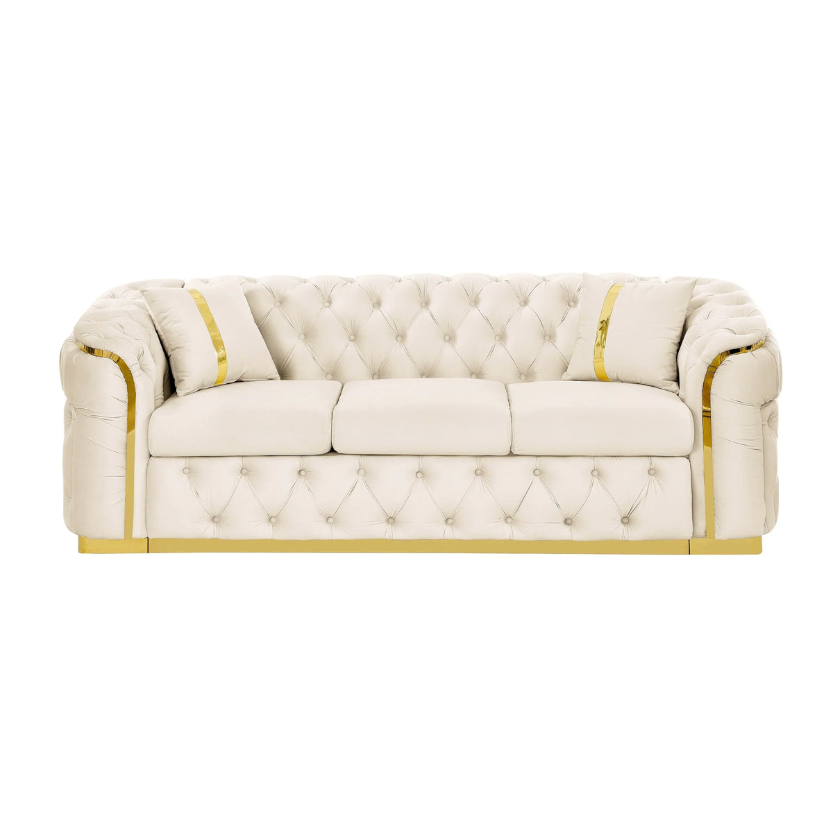 90.6 Velvet 3-Seater Sofa with 2 Pillows High-Density Cushions, Gold Accents, and Pillows