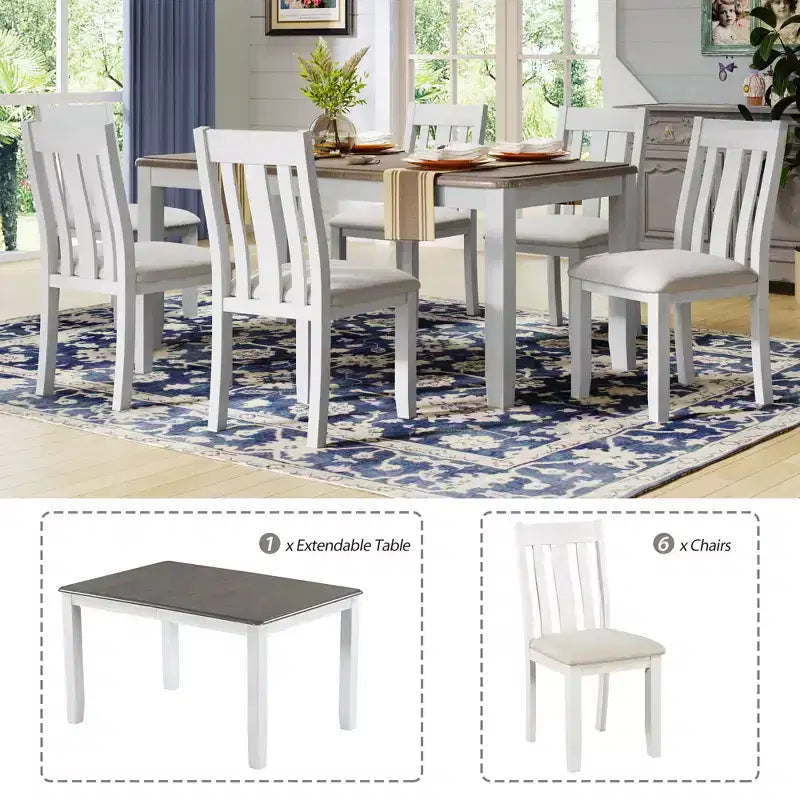 Ausziehbares Esszimmer-Set im Landhausstil für 6 Personen, rechteckiger Tisch und 6 gepolsterte Stühle