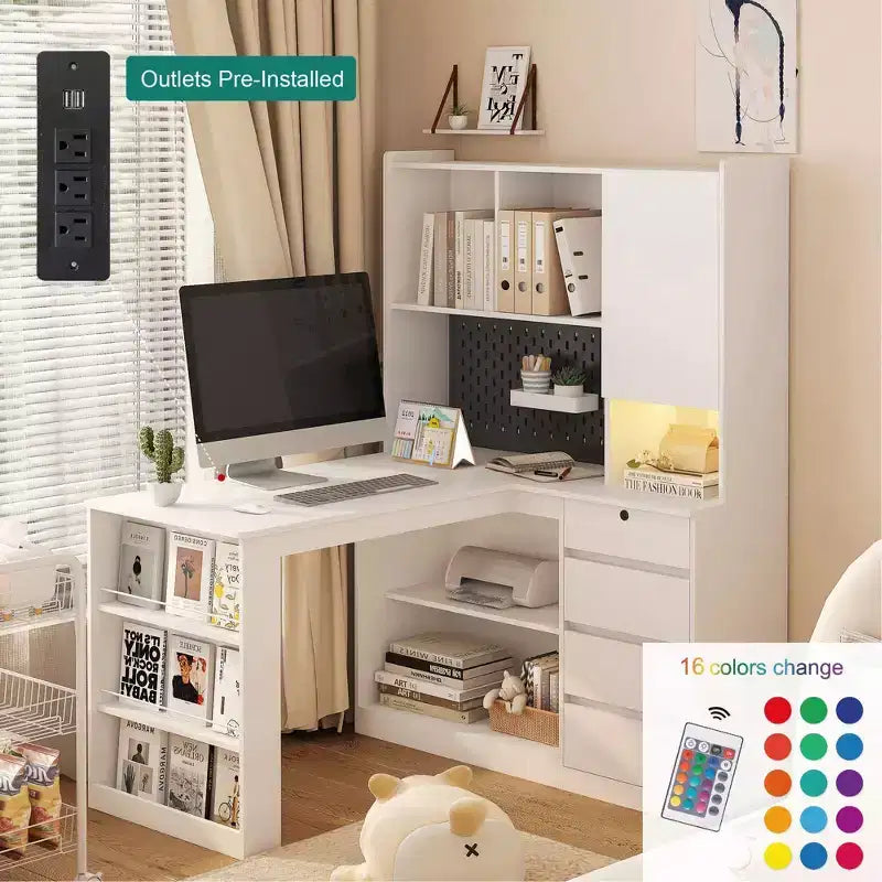 Bureau d’angle en L de 46 pouces avec bibliothèque et tiroirs