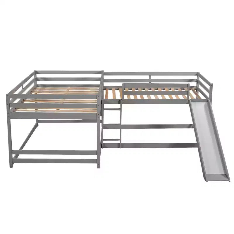 L-vormig stapelbed voor 4 kinderen, stapelbed voor vier met glijbaan, eenpersoonsbed en tweepersoonsbed, houten frame voor slaapkamer of studentenhuis
