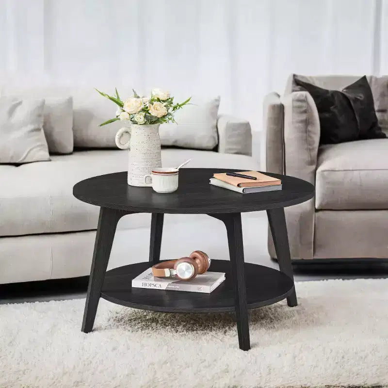 Table basse ronde brun miel avec 2 niveaux de rangement, mesurant 31.5 x 17.7 pouces, idéale pour le salon
