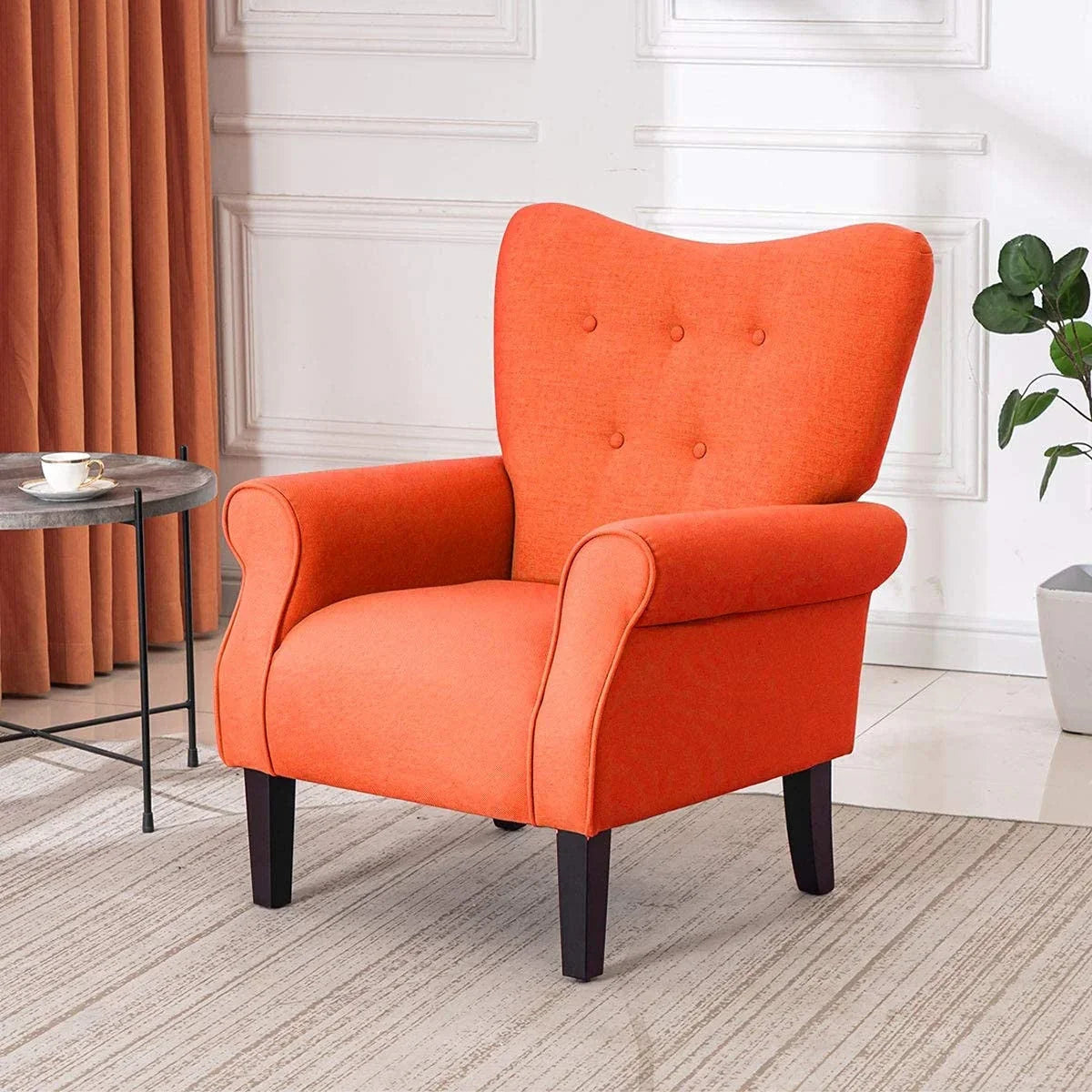Fauteuil d’appoint moderne Erommy à dossier haut, fauteuil une place en tissu rembourré avec boutons et pieds en bois, pour salon