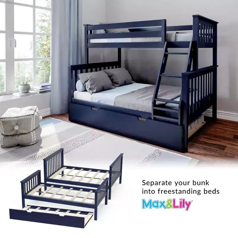 Max & Lily stapelbed van massief hout, eenpersoonsbed boven een tweepersoonsbed, met onderschuifbed met opbergruimte en ladder voor kinderen