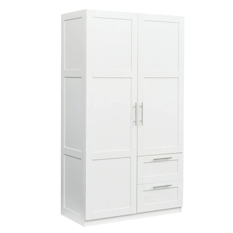 Armoire de rangement en bois blanc avec portes, tiroirs et tringle de penderie