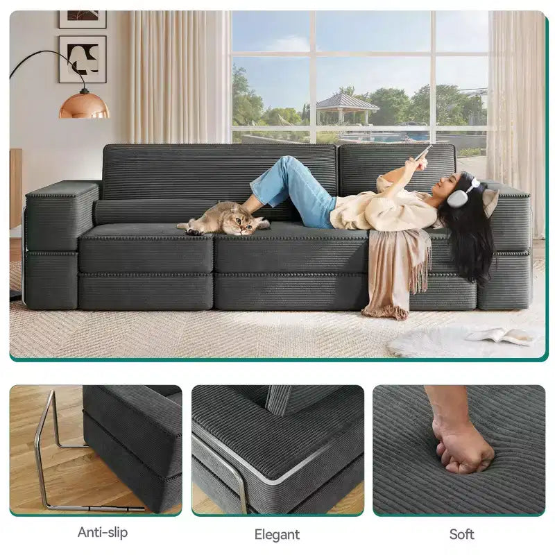 Modulares Cloud-Ecksofa, bequemes Cord-Ecksofa mit tiefer Sitzfläche und hohen Kissen, einfach zu montieren