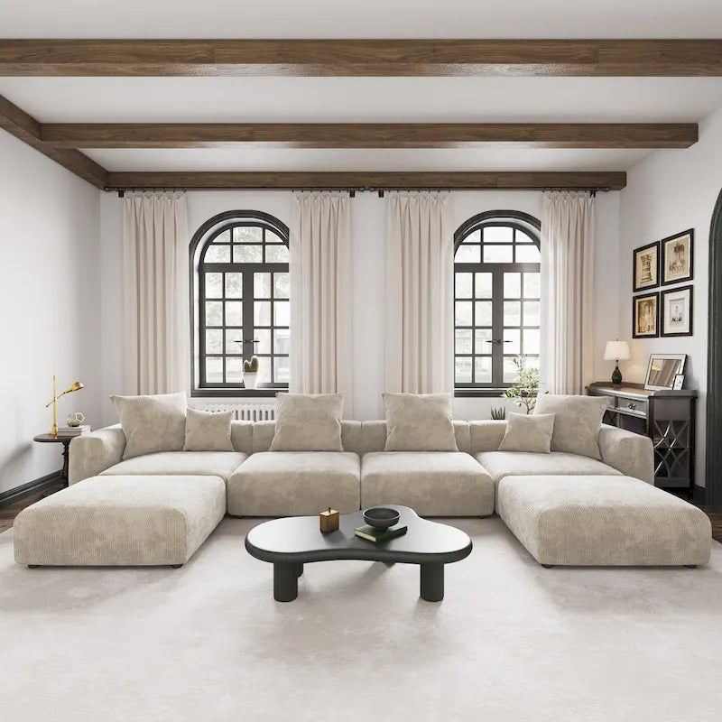 Großes modulares U-förmiges Ecksofa aus Cord mit 4 Sitzplätzen, 2 Hockern und 5 Kissen