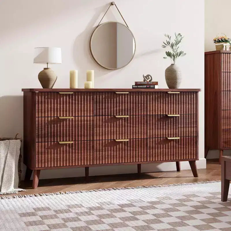 Commode met 9 gecanneleerde laden, moderne ladekast, houten commode-tv-meubel, gebogen ontwerp, voor de woonkamer of hal