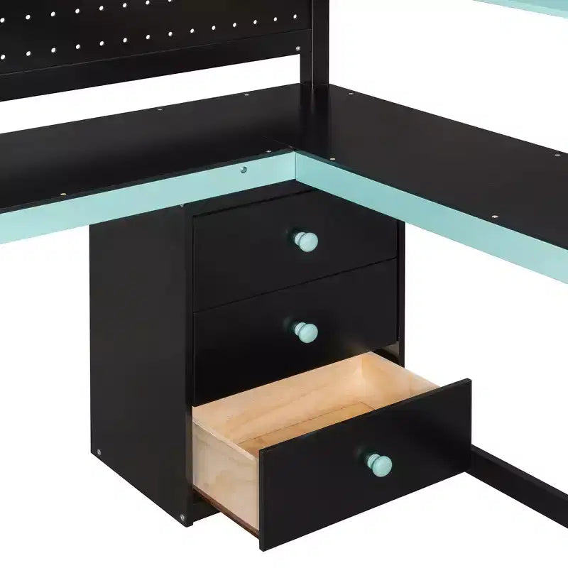 GDFStudio Scott Gaming-Hochbett aus Holz mit Aufbewahrungstreppen, Schreibtisch, Regalen und Lochwand