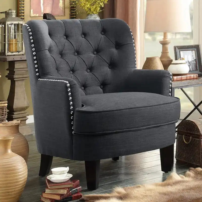 Moser Bay Mignon fluwelen/linnen fauteuil met knopen en hoge rugleuning, 30 breed