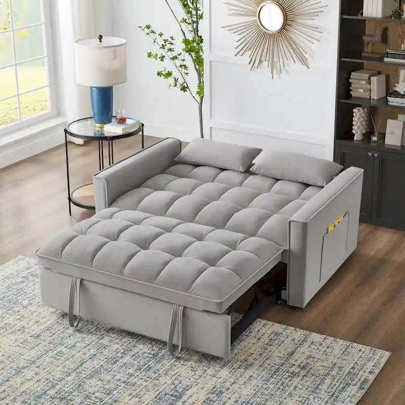 4-in-1-Zweisitzer-Schlafsofa mit Armlehnen und Aufbewahrungstaschen, multifunktionales, getuftetes Ausziehsofa mit verstellbarer Rückenlehne