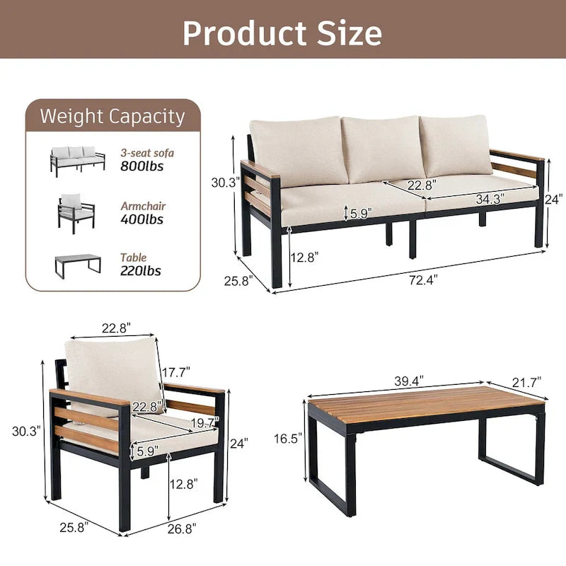 4-teiliges Outdoor-Sofaset für 5 Personen mit Couchtisch aus Massivholz und abnehmbaren Kissen