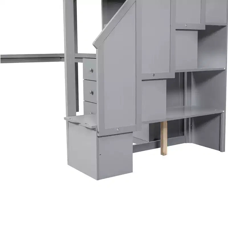 Hochbett in Einzelbettgröße mit L-förmigem Schreibtisch, 3 Schubladen, Schrank und Stauraum in der Treppe, Konstruktion aus massivem Kiefernholz/MDF