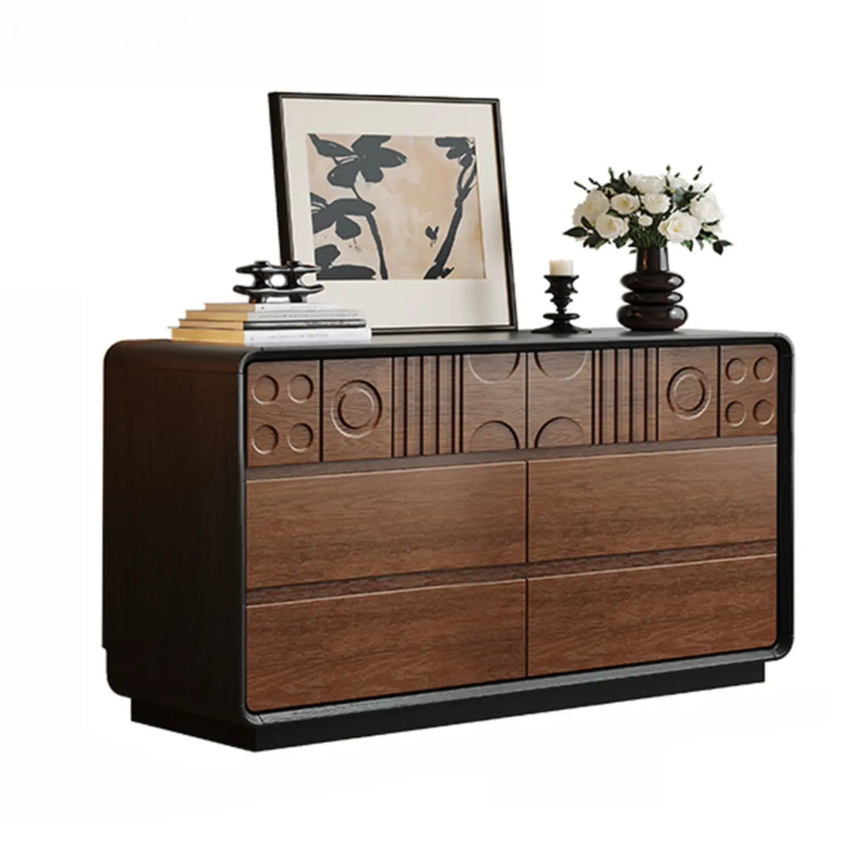 Art Deco Inspired Wood Dresser with Geometric Carvings