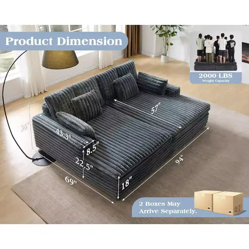 AMERLIFE 93 Doppelliege-Sofa für zwei Personen, tiefes Cloud-Sofa mit Lendenkissen und breiten Armlehnen, einfacher Aufbau, Kunstfell