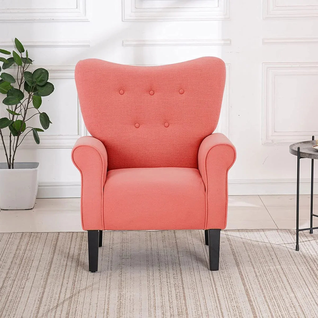 Fauteuil d’appoint moderne Erommy à dossier haut, fauteuil une place en tissu rembourré avec boutons et pieds en bois, pour salon