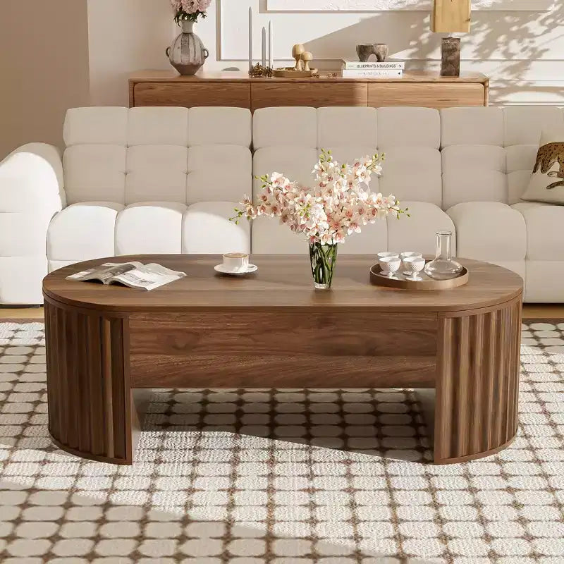 47.2 Couchtisch mit hochklappbarer Tischplatte und verstecktem Fach, oval, braun