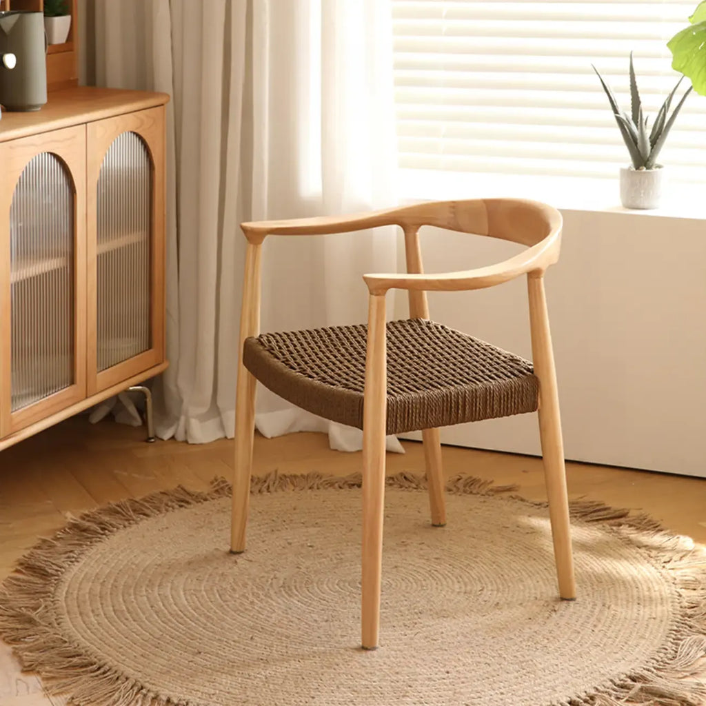 Chaise de salle à manger scandinave en bois courbé, avec assise tressée et accoudoirs