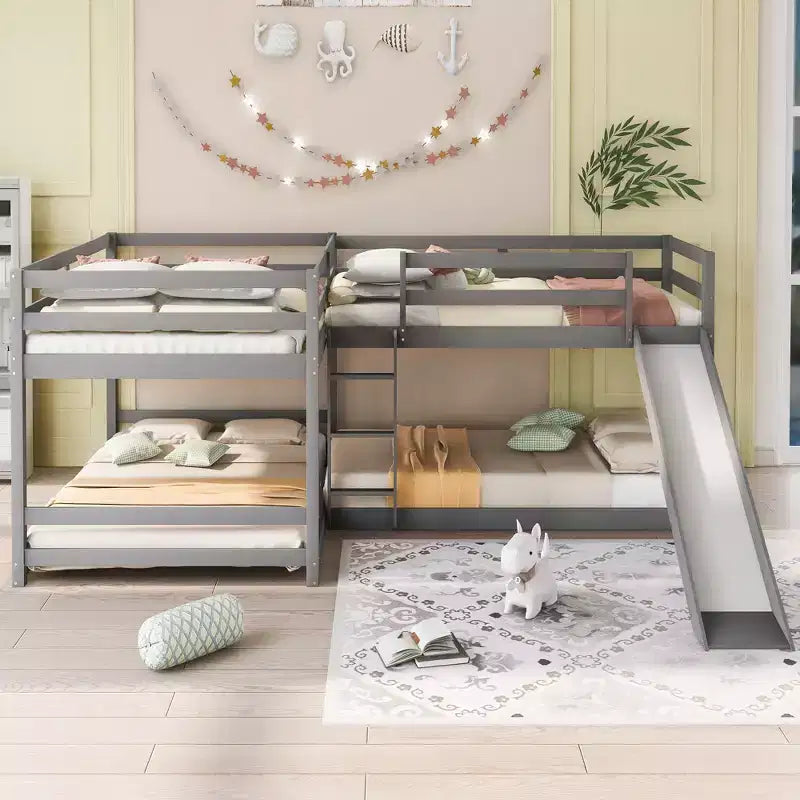 L-vormig stapelbed voor 4 kinderen, stapelbed voor vier met glijbaan, eenpersoonsbed en tweepersoonsbed, houten frame voor slaapkamer of studentenhuis