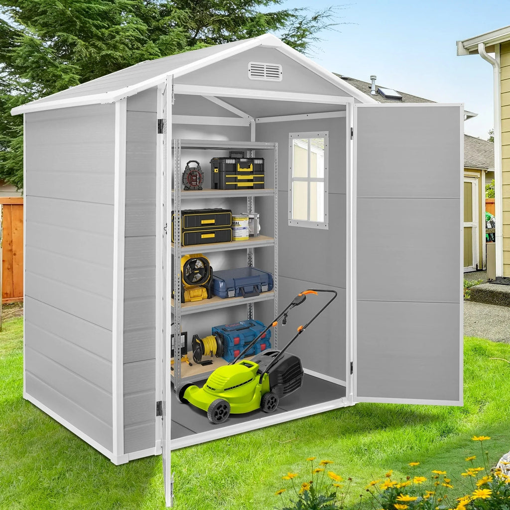 Abri de rangement extérieur en résine et plastique, tous temps, avec plancher, 6 ft x 4 ft/6 ft x 8 ft/8 ft x 6 ft/8 ft x 10 ft, abri à outils Spire